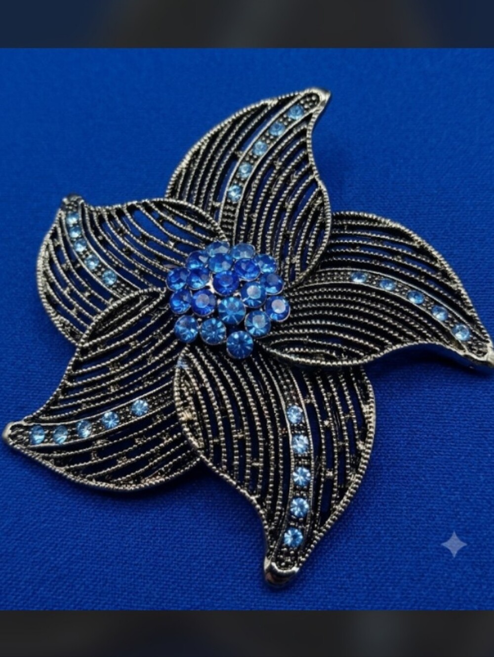 Vintage Blue and Silver Floral Brooch